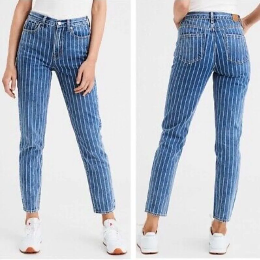 American Eagle Indigo Striped Hi Rise Mom Jean‎ Size 8 Blue NWT - Image 2