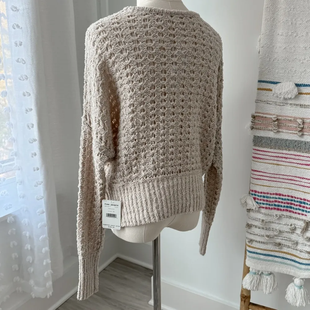 Free People Best Of You Natural Open Knit Long Sleeve Slouchy Boho Sweater XS - Image 6