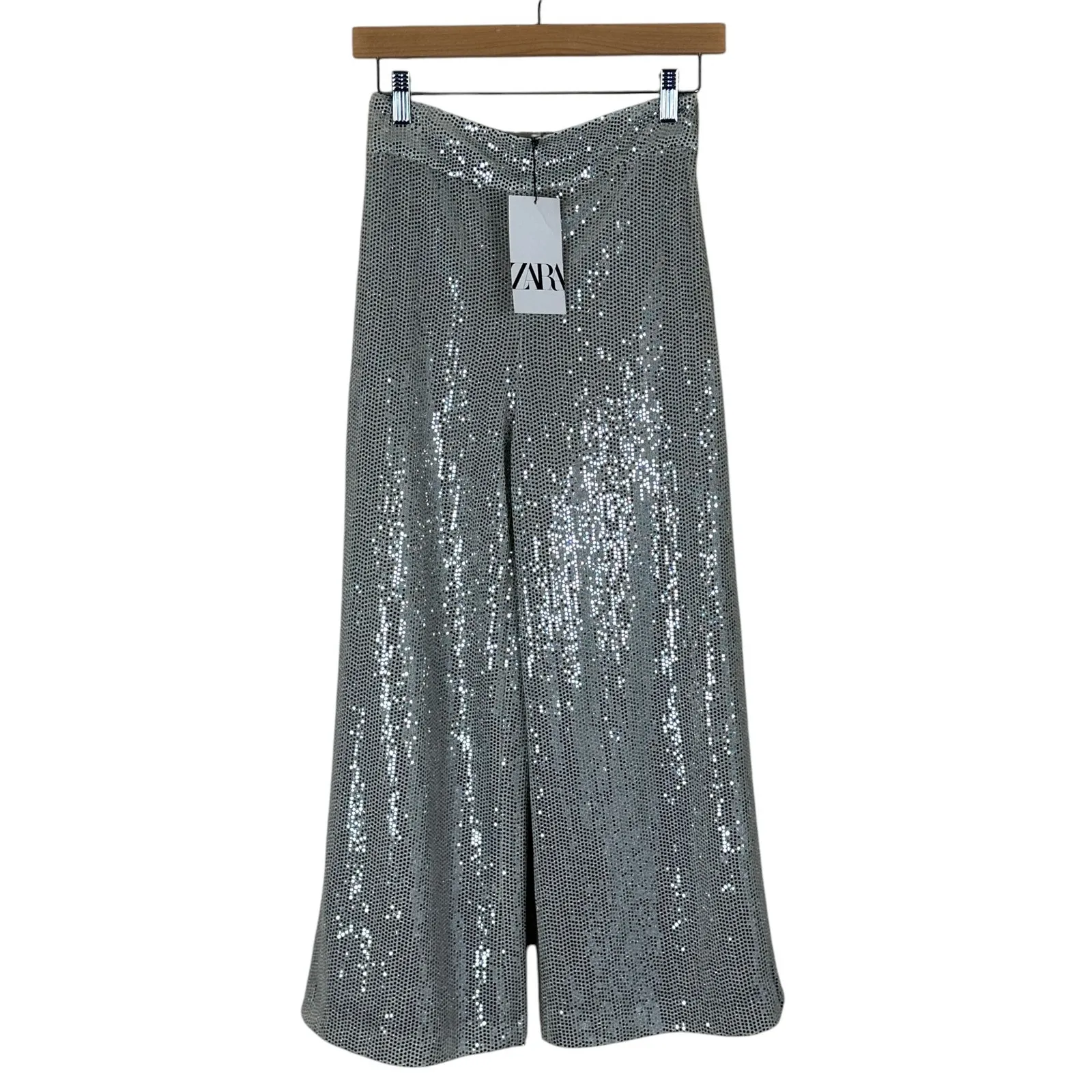 NWT Zara Wide Leg Sequin Pants Womens XS Silver Party Event Glam NYE Maximalist - Image 2
