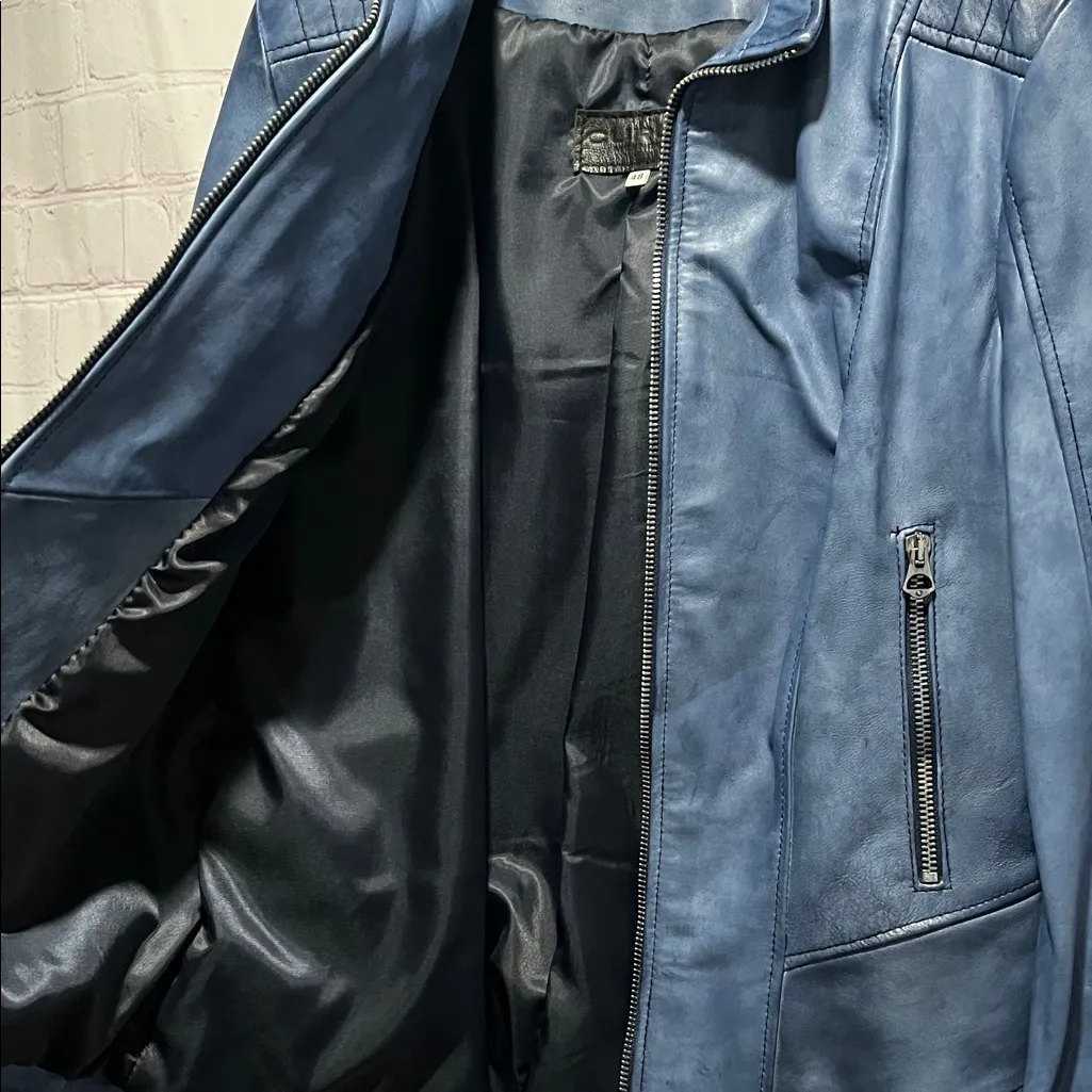 Italian Womans Blue Leather‎ Zip Up Jacket Made by CURGÈ size L EU 48 NWT W16 Size L - Image 6