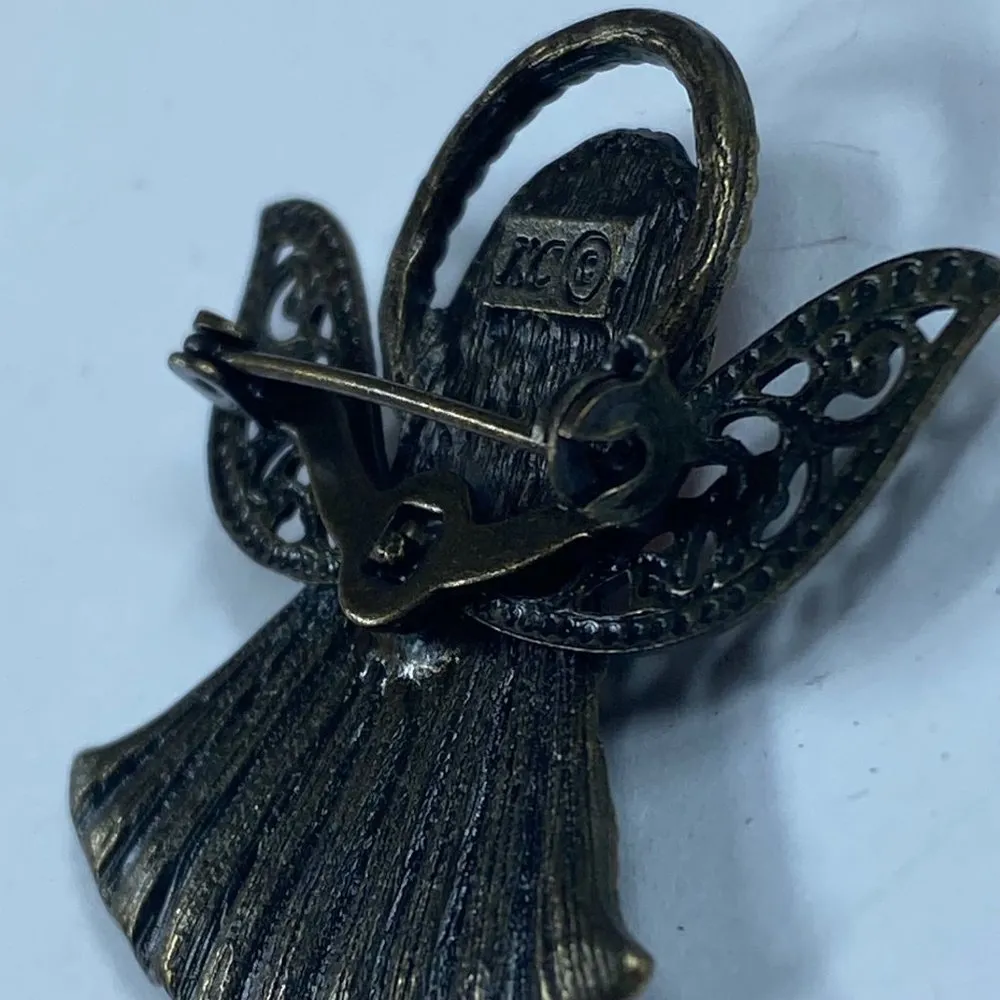 Angel Brooch Pin KC Dark Gold Tone Dark Yellow Shade of Accent Stones Floral - Image 9