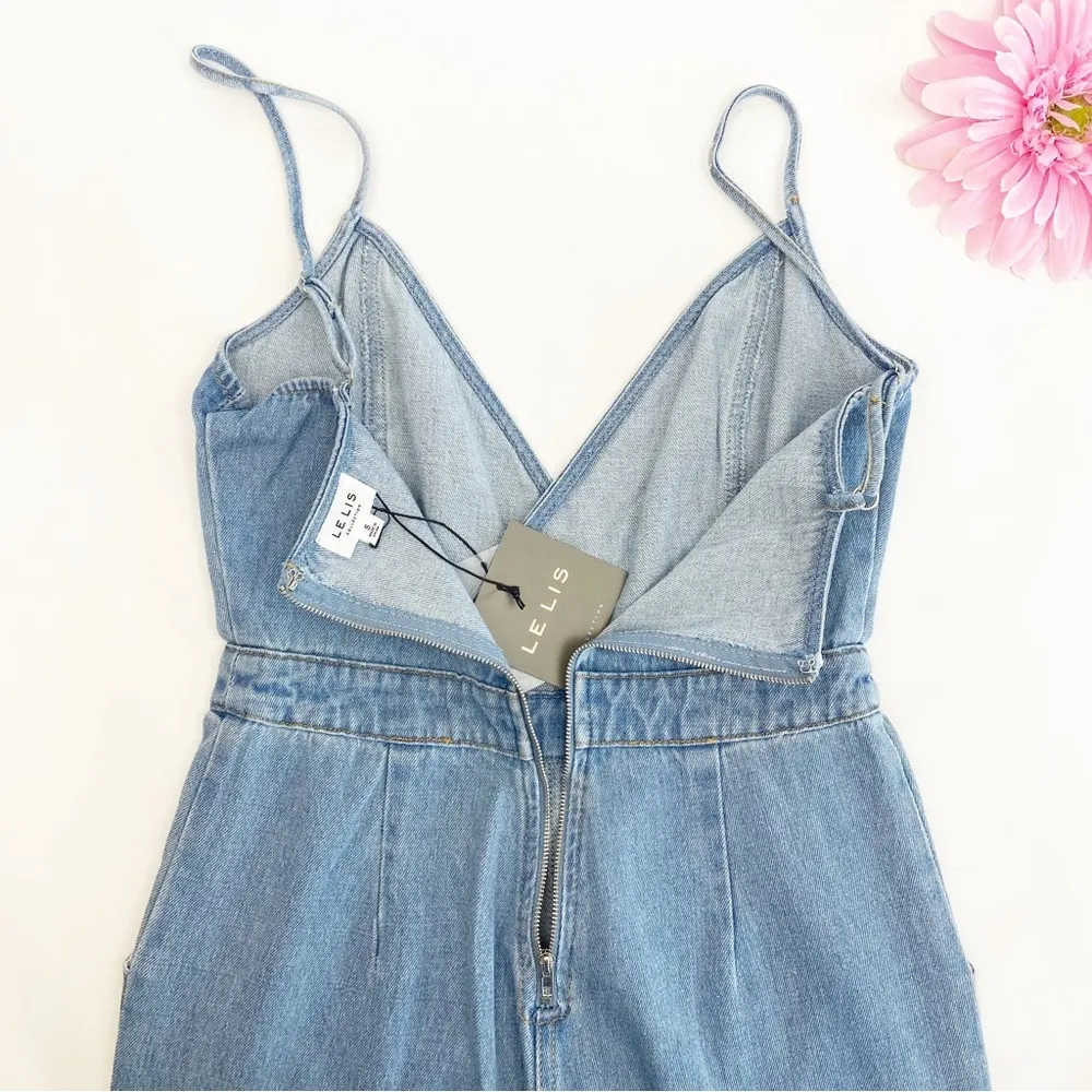 Denim Faux Wrap Surplice Straight Leg Jean Jumpsuit Overalls: Light Wash - Image 6