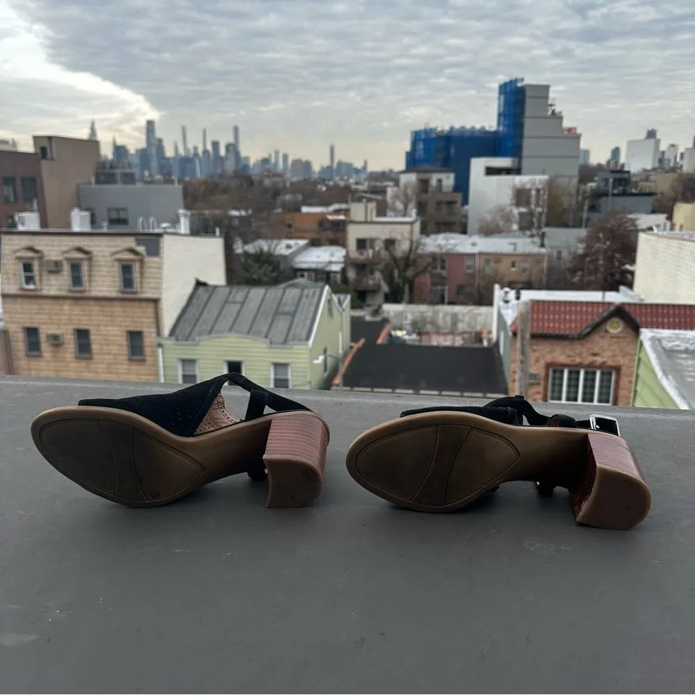 Franco Sarto Black Suede Sandal Size 7 Harlet 2 Block Heel Peep Toe bohemian - Image 6