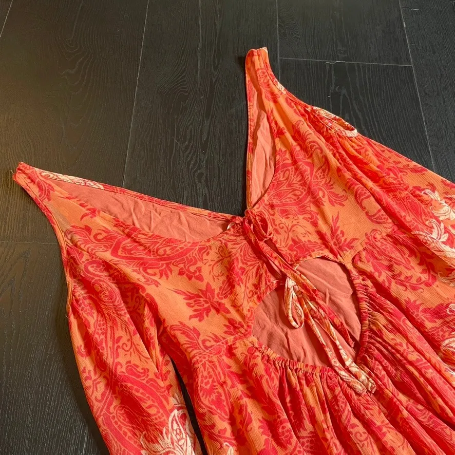 Free People Orange Paisley Cold Shoulder Mini Dress Tie Open Back Cutout Size XS - Image 6