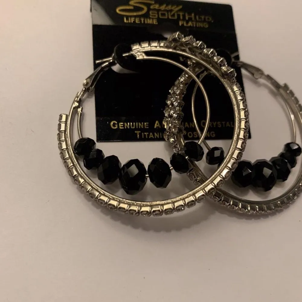 Silver Tone Hoop Earrings Pierced NWT Genuine Austrian Crystal Titanium Plating - Image 8