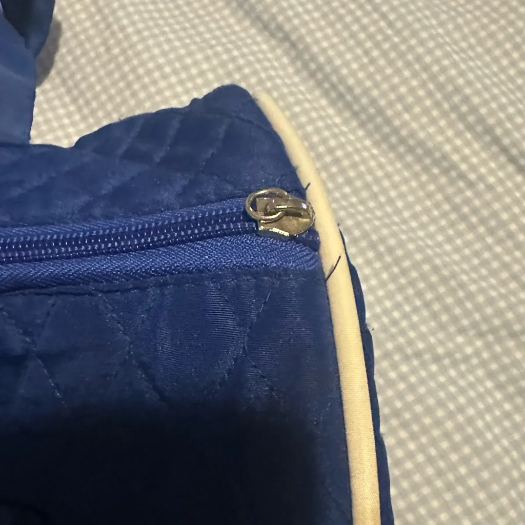 Blue Quilted Duffle Bag with Polka Dot Bows - Image 7