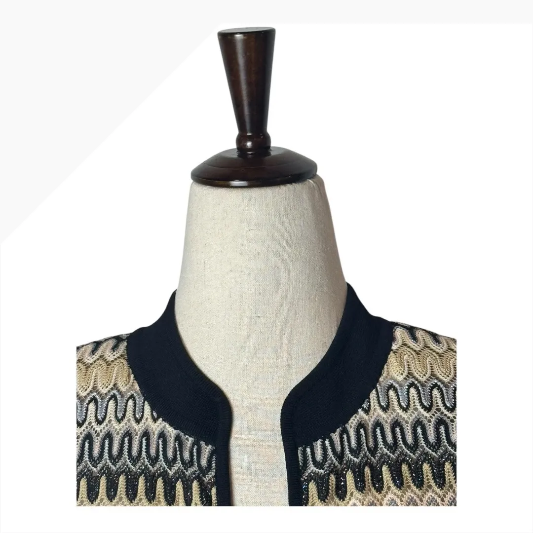 Misook Sweater Women XS Black Tan Knit Geometric Sparkle Open Long Line Cardigan - Image 3