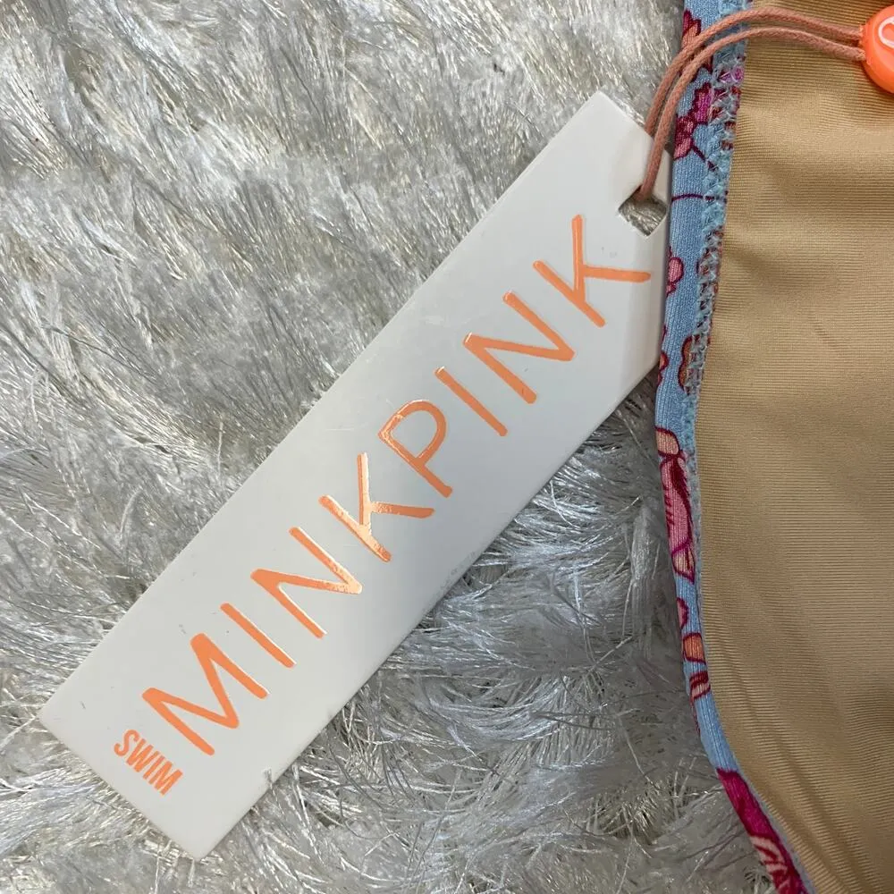 NWT MINKPINK Blue Pink Floral Chloe Mid Rise Bikini Bottoms Sz Medium - Image 5