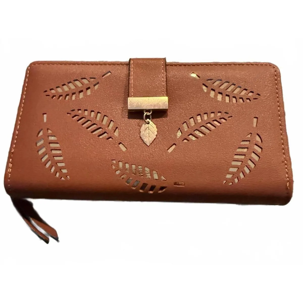 New Women's Brown Envelope Wallet Cutout Gold Leaves ID Holder Bills Coins - Image 3