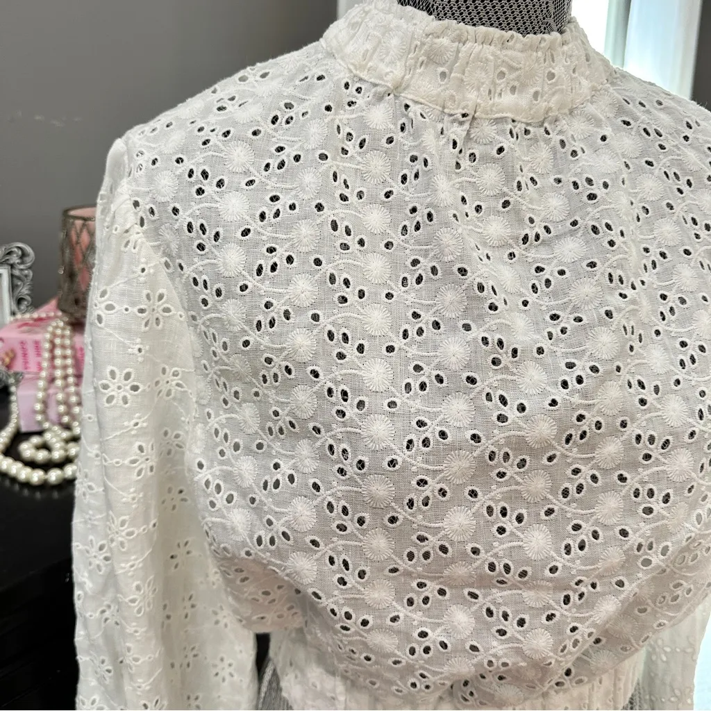 AllSaints Luna Broderie Eyelet Embroidered Linen Cotton Top White Size 6 - Image 4