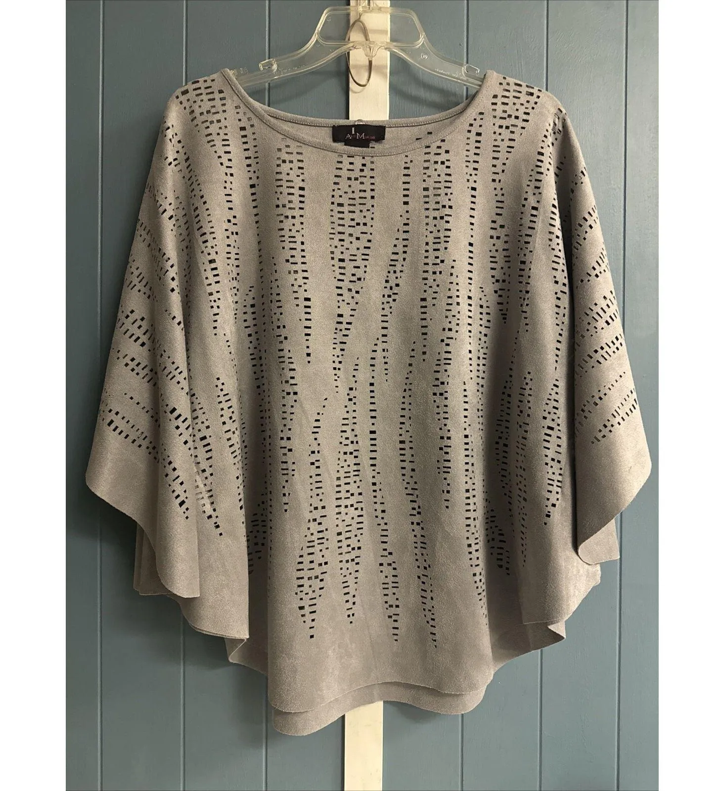 Alberto Makali Women's L Gray Faux Suede Top Crew Neck Laser Cut Boxy Fit Blouse - Image 2