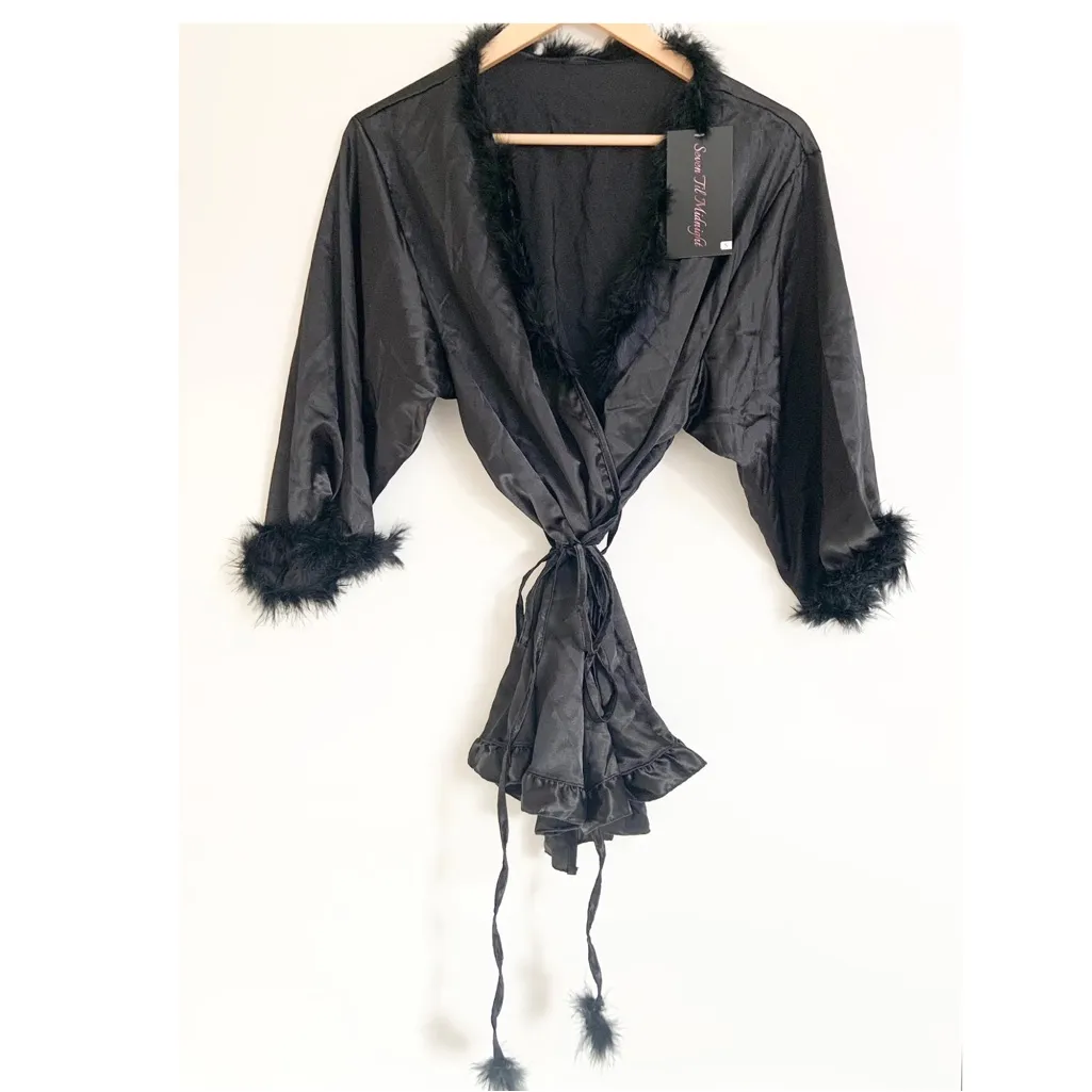 Seven Til Midnight Luxurious Black Satin Robe Ruffles Feather Trim Small NEW - Image 5