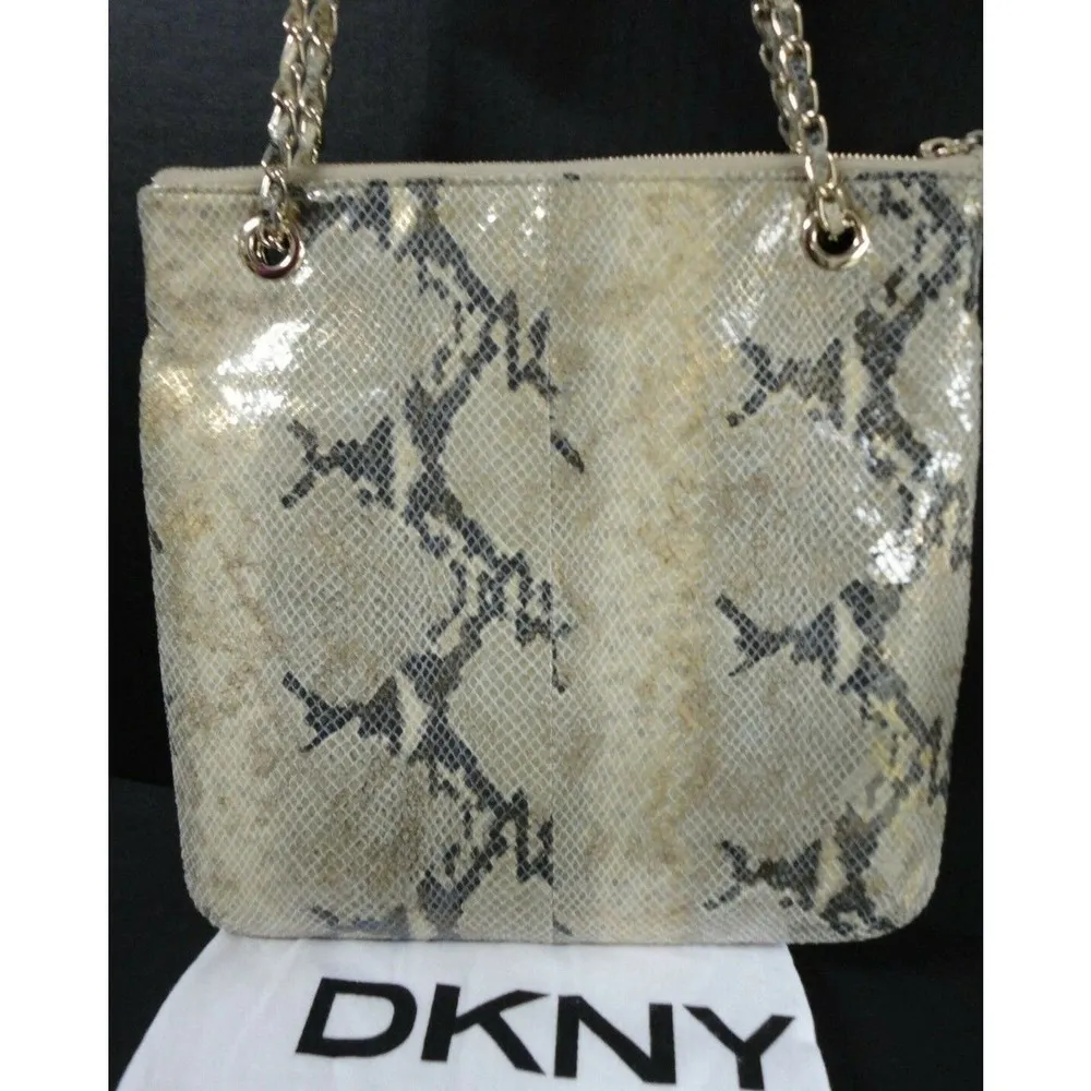 NEW DKNY Gold Python Snakeskin LEATHER HANDBAG Shoulder Crossbody Chain Purse - Image 4