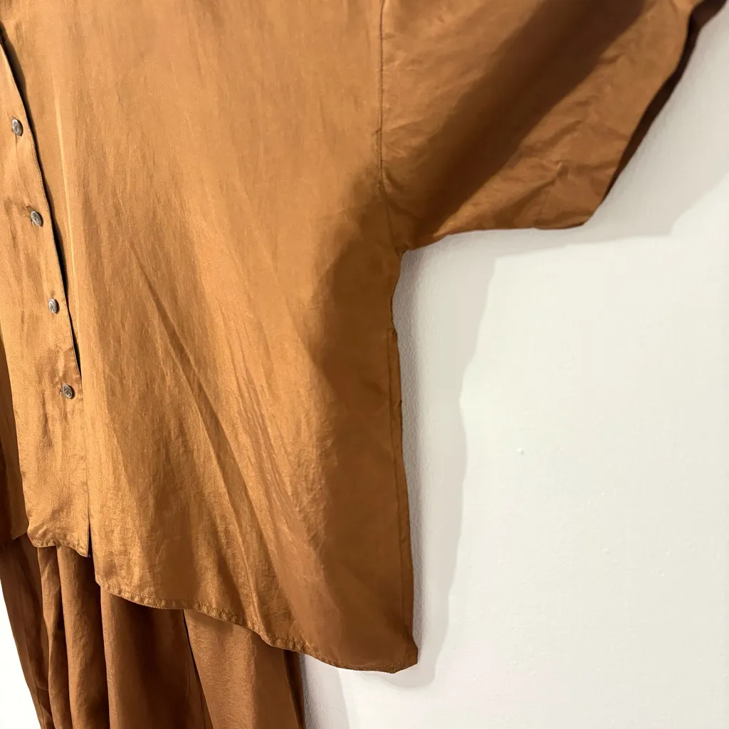 Vintage 90s Express Chocolate Brown Oversized 100% Silk Shirt Pants Set  Sz XS/0 - Image 3