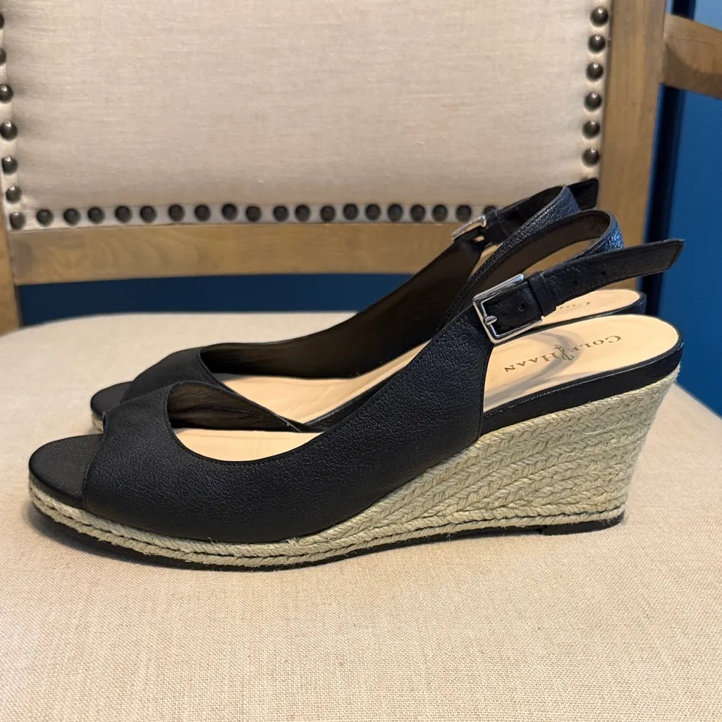 Cole Haan + Nike Air Black Pebbled Leather Slingback Espadrille Wedges, Size 9 - Image 9