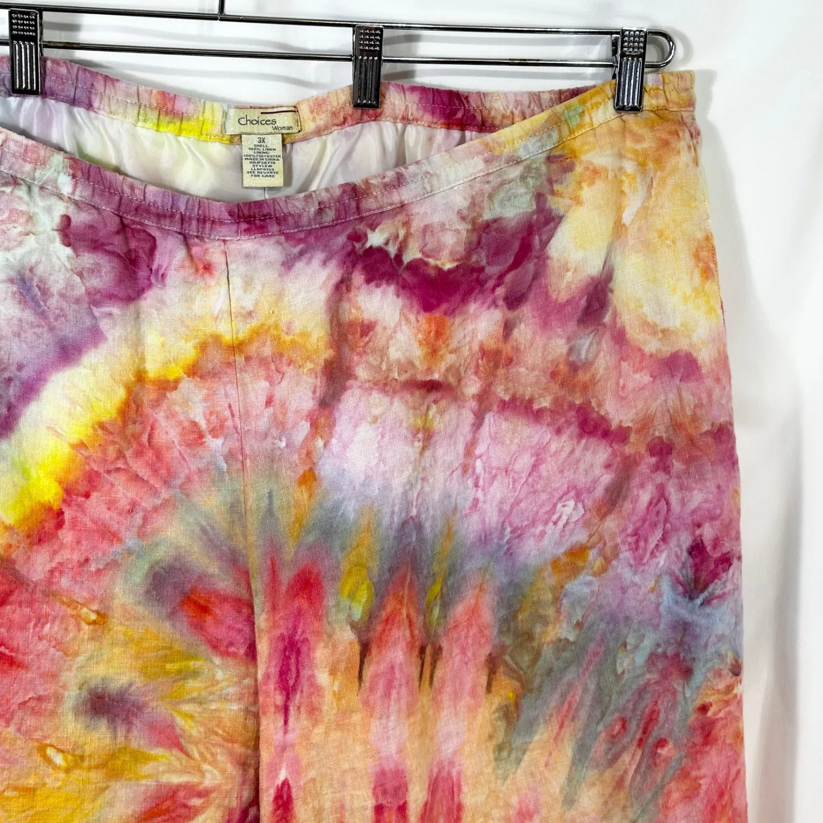 Choices Plus Size 3X Capri Pants Handmade Tie Dye Linen Lined Spiral Hippie 1482 Pink - Image 5