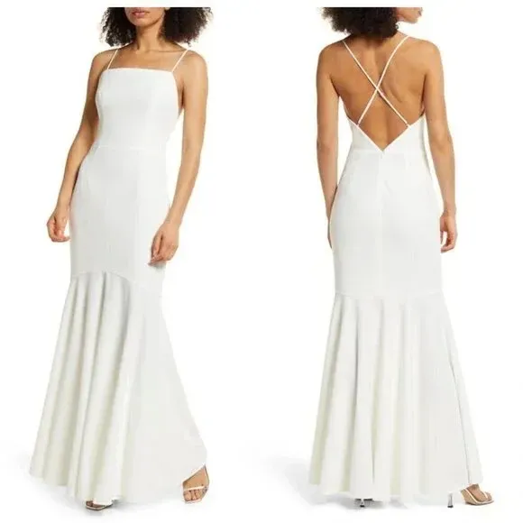 ELLIATT Women's Ivory Square‎ Neck Criss-Cross Back Collins Mermaid Gown Size M - Image 2