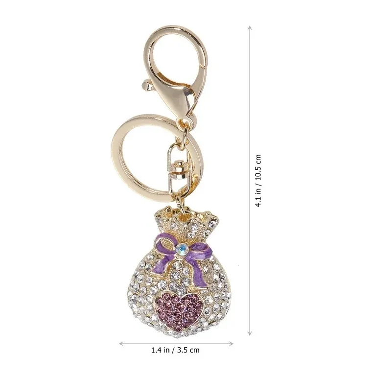 Rhinestone Money Bag Keychain Purse Charm Purple Heart Gold Tone - Image 3