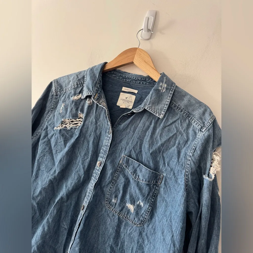 American Eagle Dark Wash Denim Distressed Oversized Fit Button Down Top - Image 2