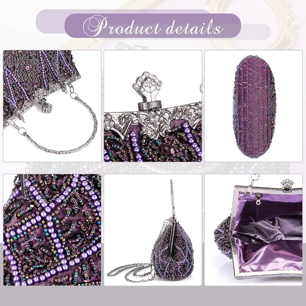 ⚡ Women's Purple Rhinestones Vintage Beaded Satin Lining Evening Clutch Bag - Image 4