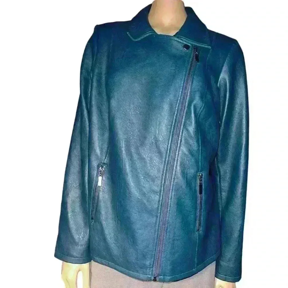 NWOT Alfani Women's Asymmetrical Zip Teal Faux Leather Jacket size 1X - Image 3