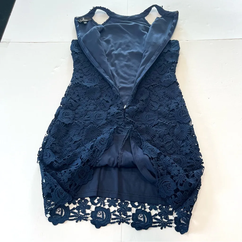 Lulus Love Poem Navy Blue Halter Neck Crochet Lace Bodycon Mini Dress Size LARGE - Image 7