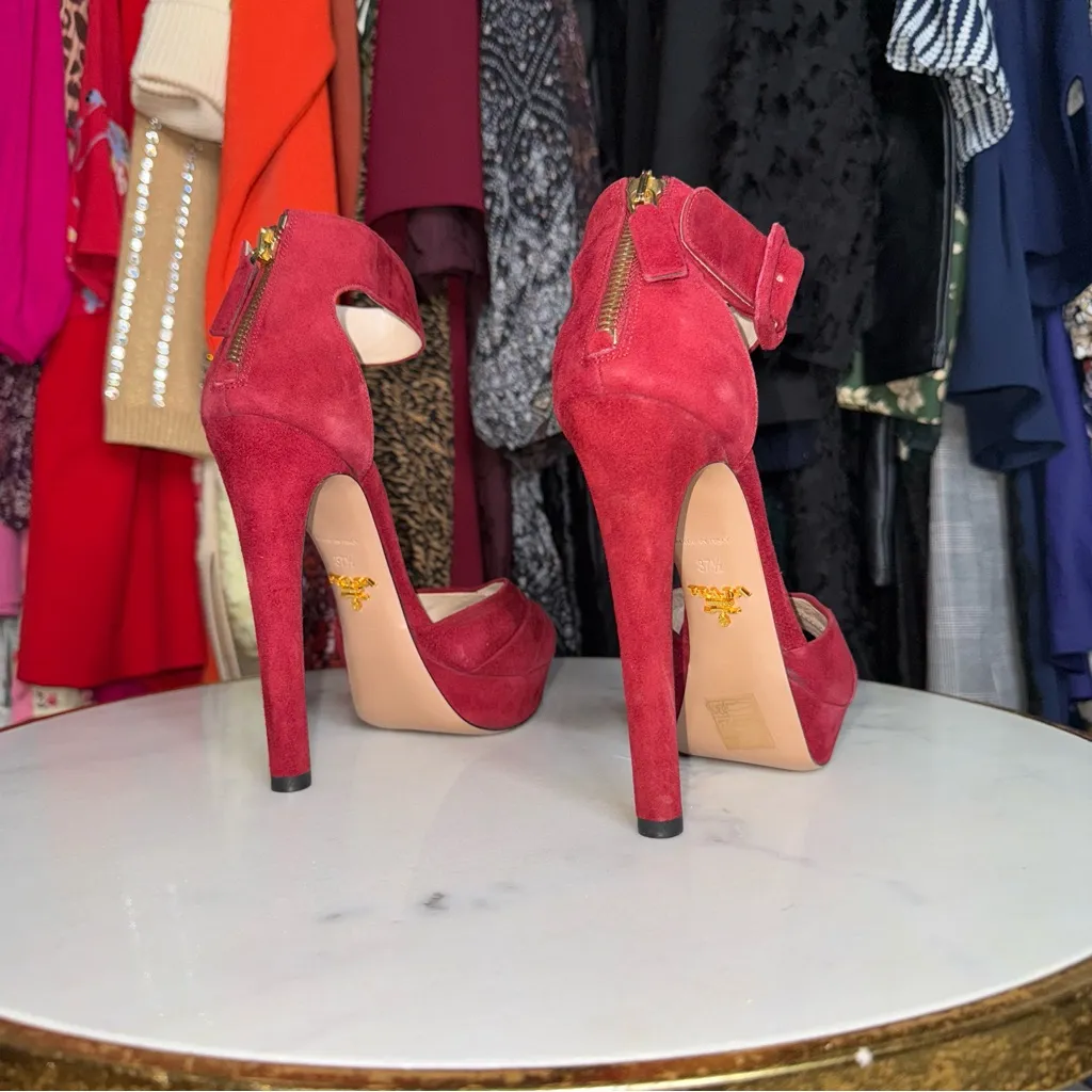 Prada Suede Peep Toe High Heel Sandals with Platform in Wine Red - Image 6