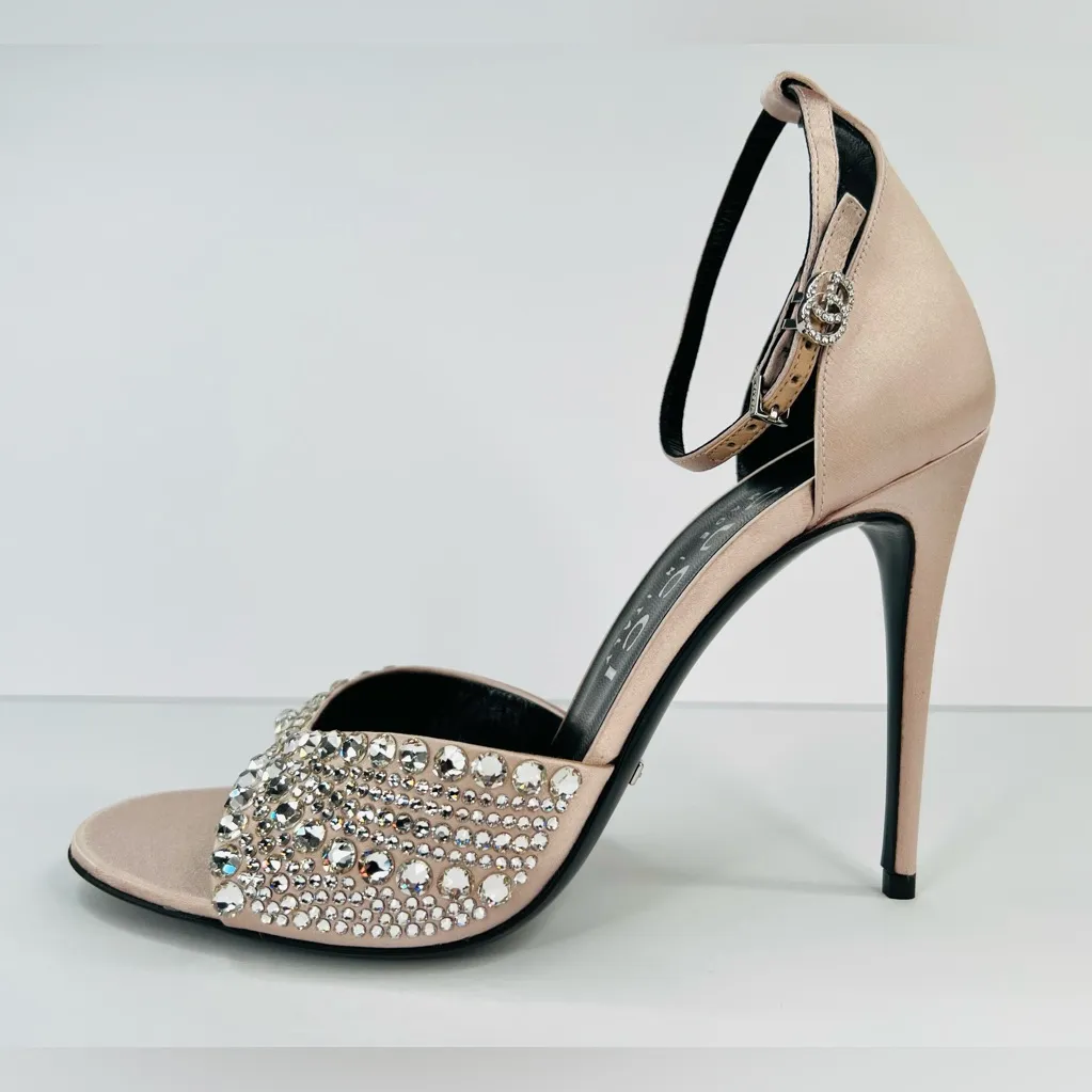 Gucci Crystal Embellished Skin Rose Satin Heel Ankle Strap Bridal Sandals EU 40 - Image 8