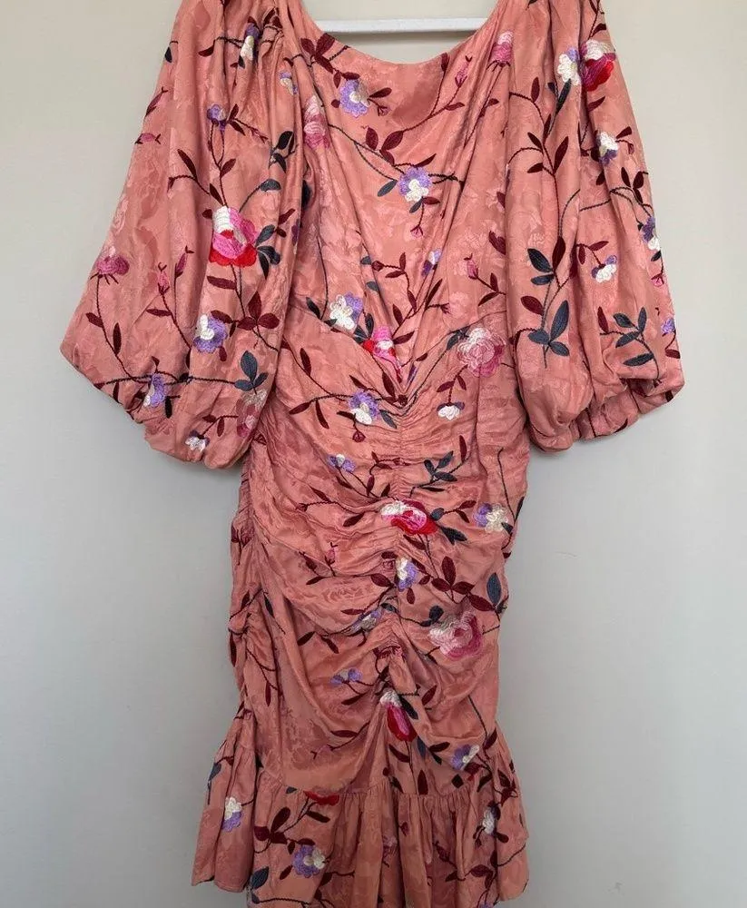 NEW byTIMO Jacquard Embroidered Ruched Dress Floral Puff Sleeve Embroidery Pink Size L - Image 4