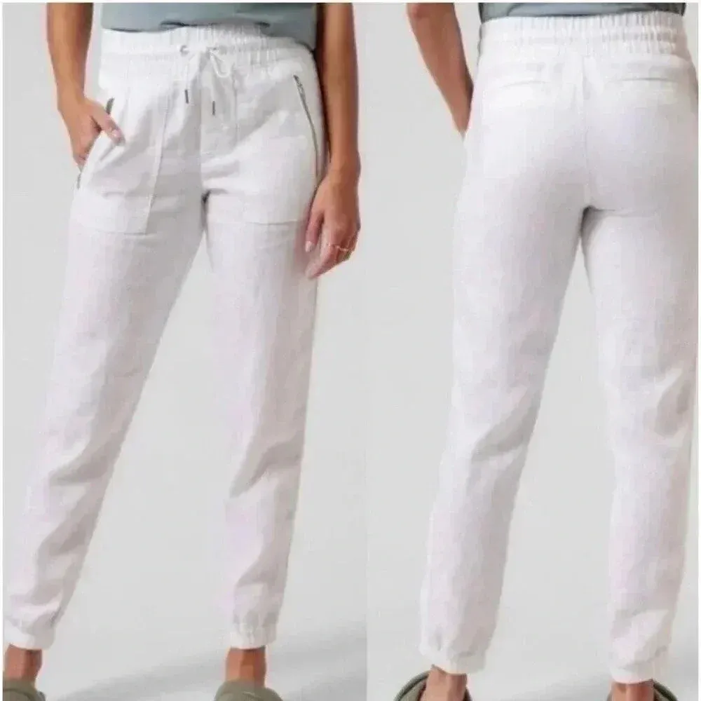 Athleta Cabo Linen‎ Jogger Pants Women's Size 12 White Pull On Elastic Pockets - Image 2