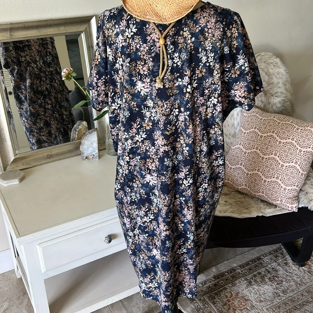 J. Jill pure easy knit two pocket navy floral comfy dress 100% cotton XL Petite‌ Blue - Image 6