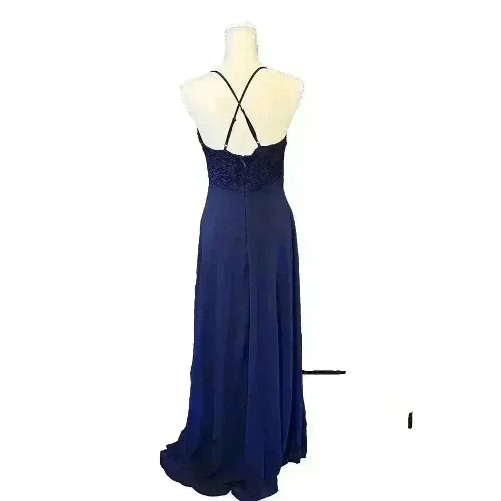 Lulus Womens Blue Madalyn V-Neck Lace & Chiffon Full Length A-Line Gown Medium - Image 3