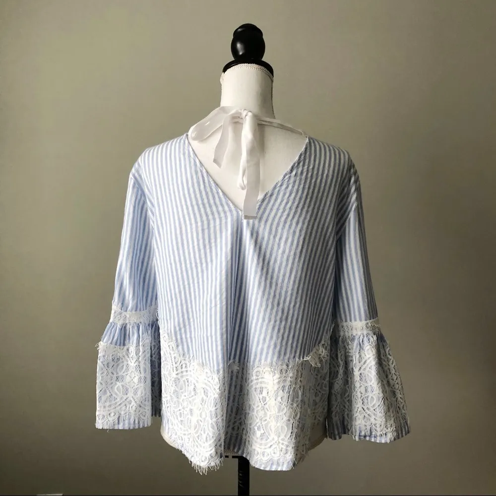 ZARA | Blue White Stripe Lace Detail Blouse - Image 8