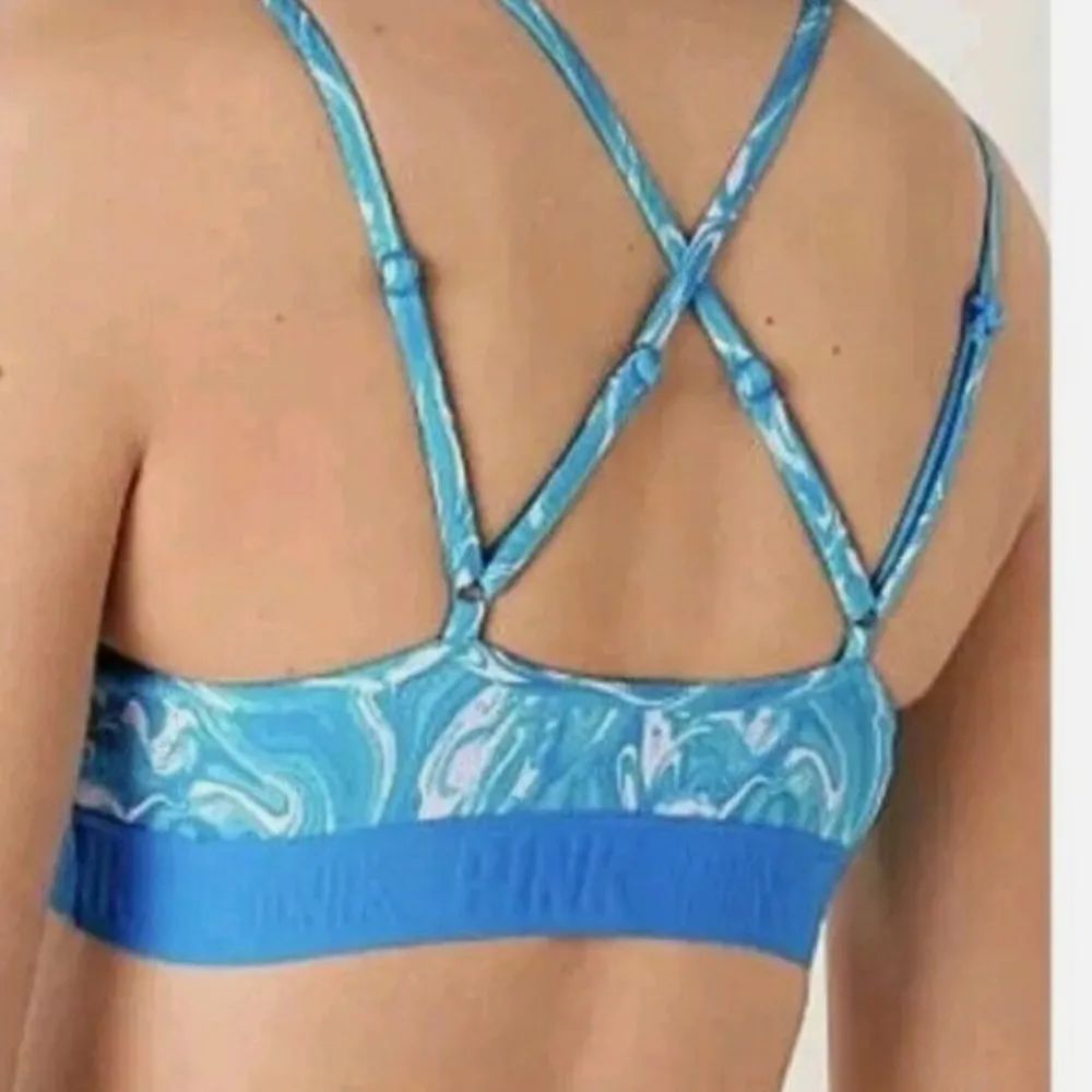 VS PINK Ultimate Lightly Lined Strappy Back Blue Marble Sports Bra Size Small - Image 2