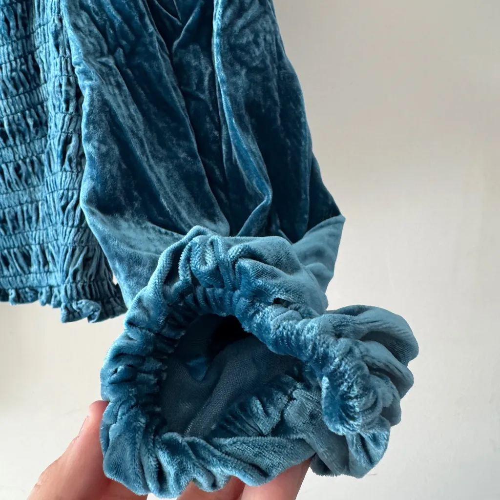 Anthropologie Smocked Puff Sleeve Blue Velvet Square Neck Long Sleeve Top - Image 5