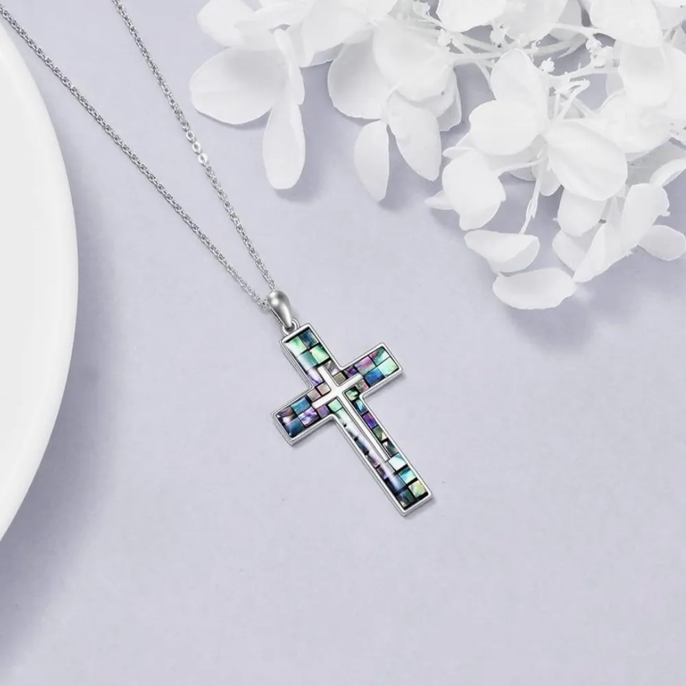 Sterling Silver Cross Pendant with Iridescent Accents - Image 2