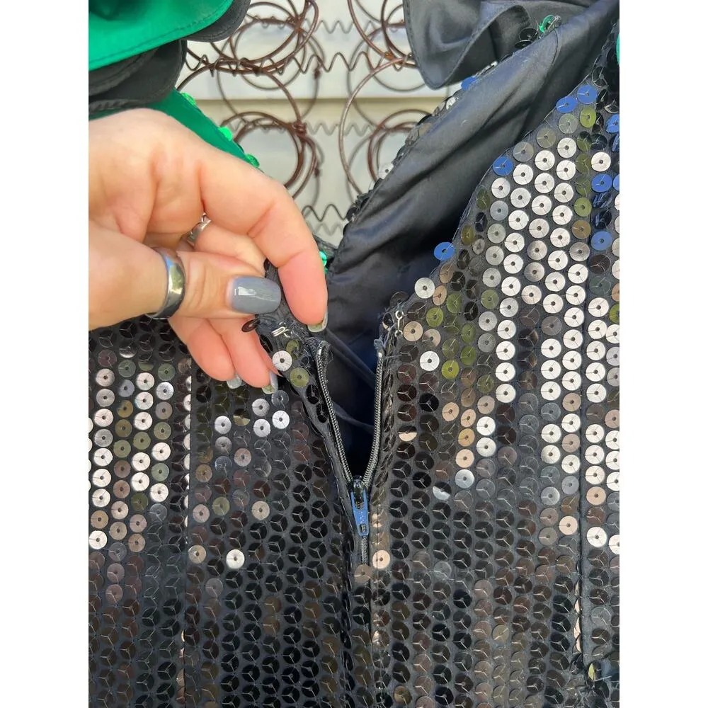 Vintage 80s Alyce Designs Green Black Sequin Ruffle Prom Ball Gown Mardi Gras XS - Image 5