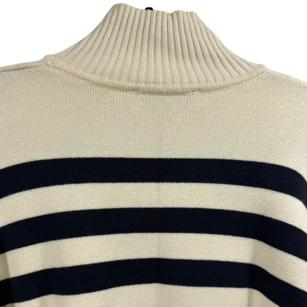 Zara Womens Medium Striped Turtleneck Sweater Cream Navy Long Sleeve Chunky Knit - Image 6