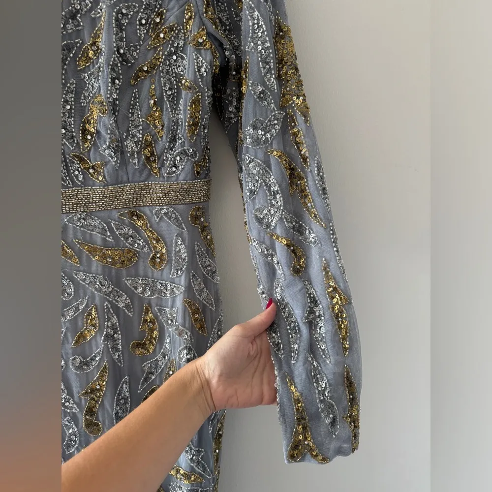 MAC DUGGAL Gray Beaded Long Sleeve Evening Gown in Platinum Gold 8 - Image 12