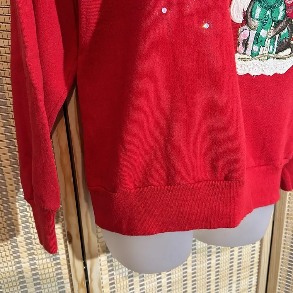 Adorable Vintage 1990s Y2K Cat and Mouse Christmas Sweatshirt Pannill Medium Red - Image 3