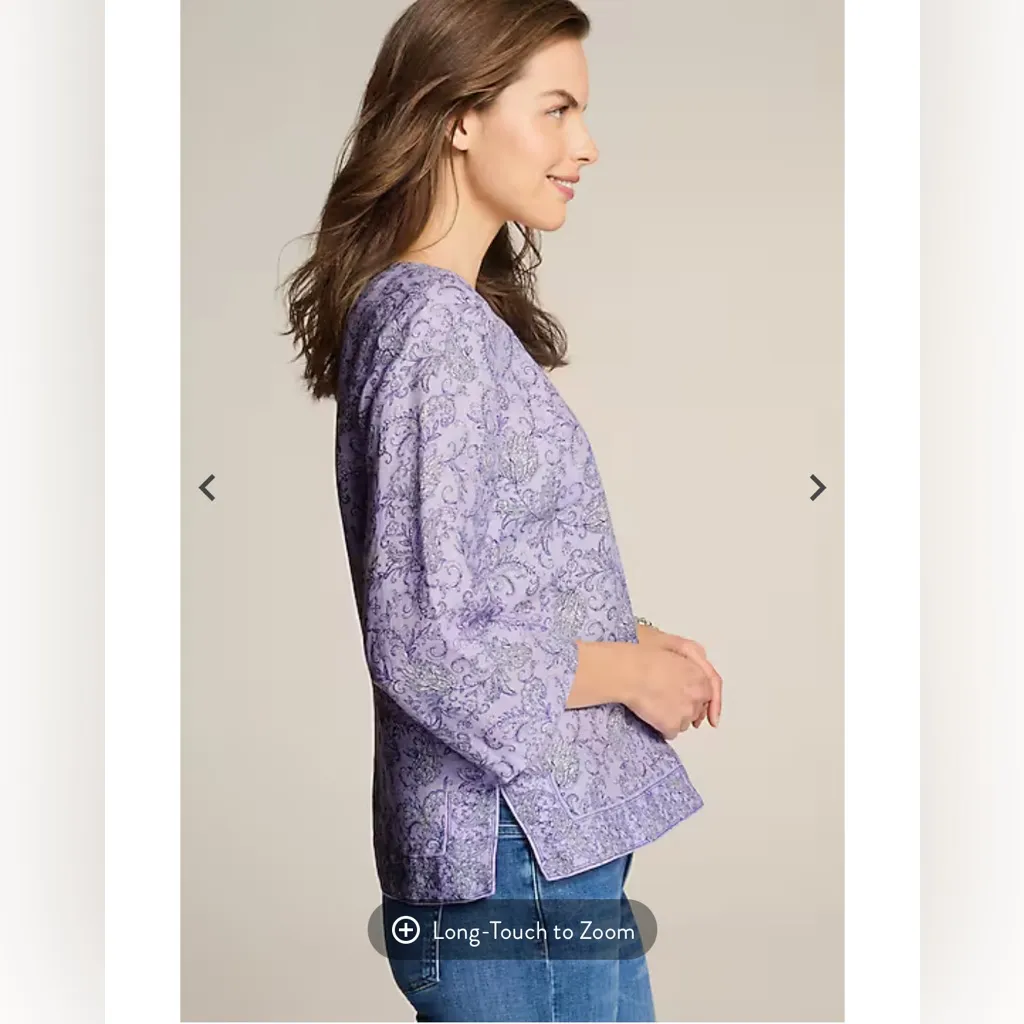 J. Jill Love Linen Purple Paisley Boho Popover Blouse Border Print Boxy Sz Med - Image 3