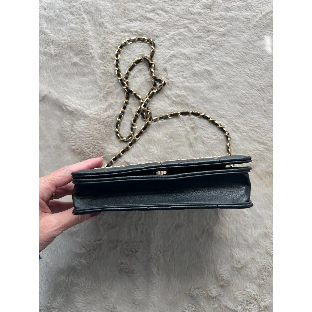 Bebe Quilted Black Leather Crossbody Purse With Gold Chain Strap & Rhinestone Lo - Image 6