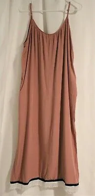 Small 100%Cotton Mauve Adjustable Cami Dress Pockets Fringes Blue Ribband Hebrew Pink - Image 2