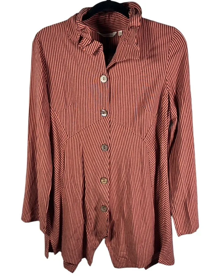 Soft Surroundings Sasha Shirt Navy Coral Stripe Button Up Viscose Women's Small - Image 1