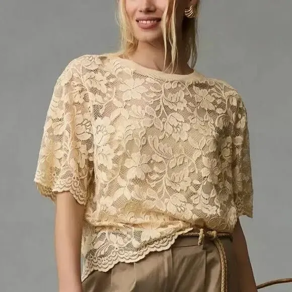 Anthropologie Lace Floral Cropped Cream Top Small Boho Cottagecore Dainty Classy - Image 2