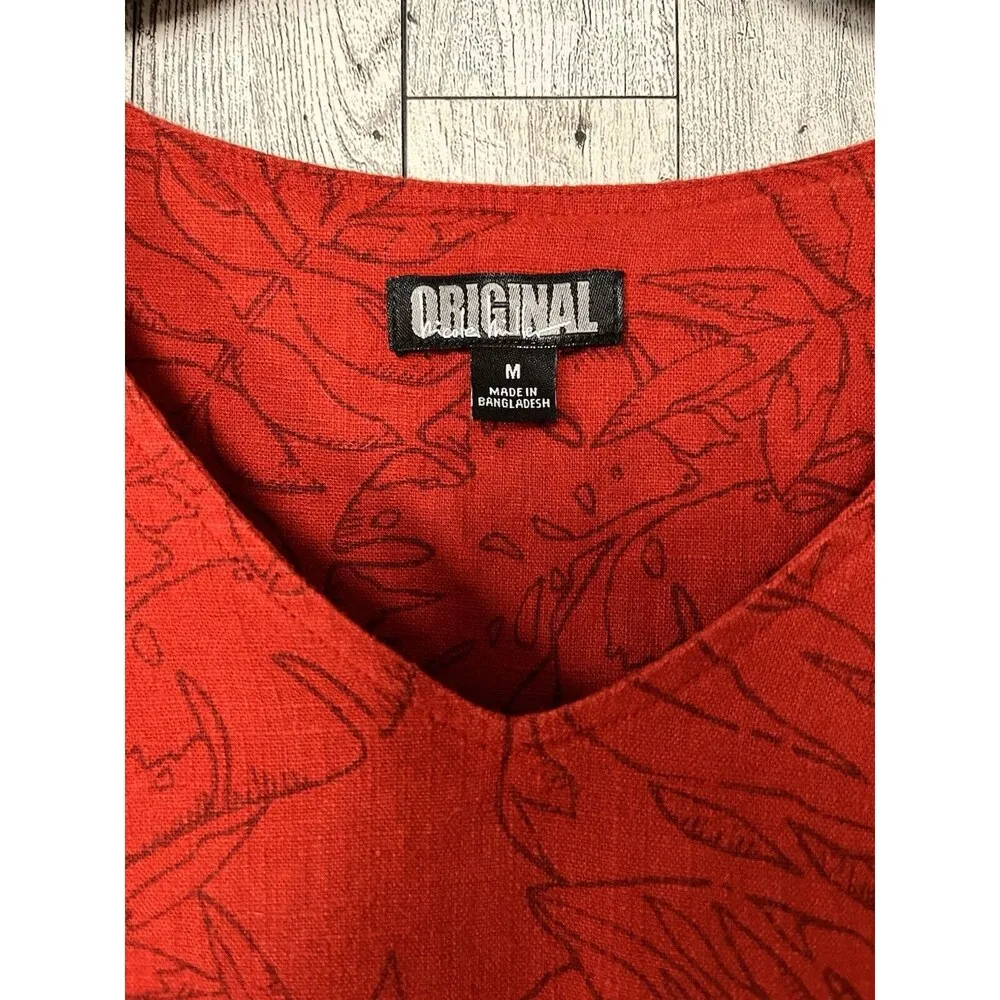 Nicole Miller Women’s Shirt Dress Sz Medium Linen Blend Leaf Print Red Summer - Image 6