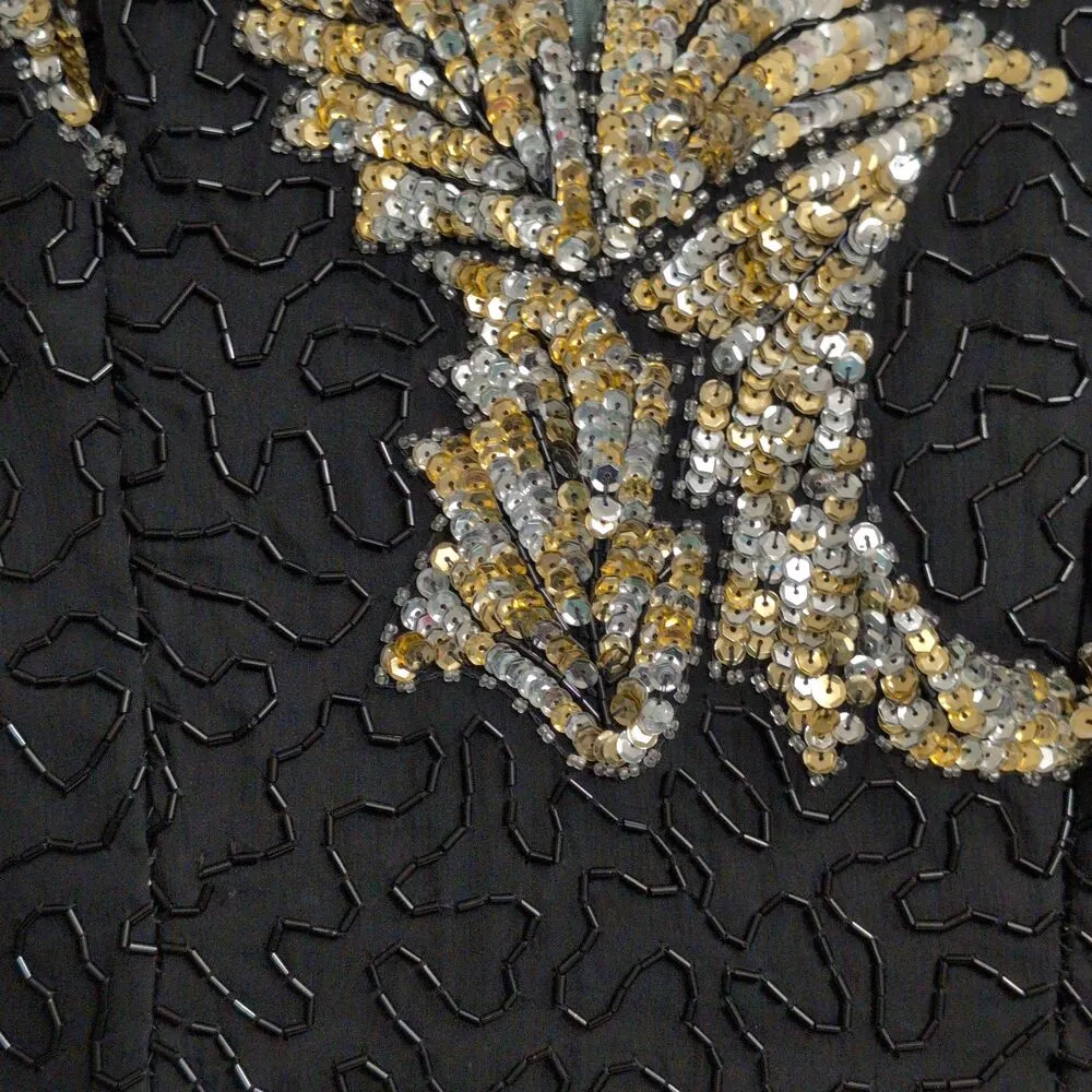 Scala Black Silk Sequin Embellished Long Sleeve Evening Gown Dress Size PL - Image 4