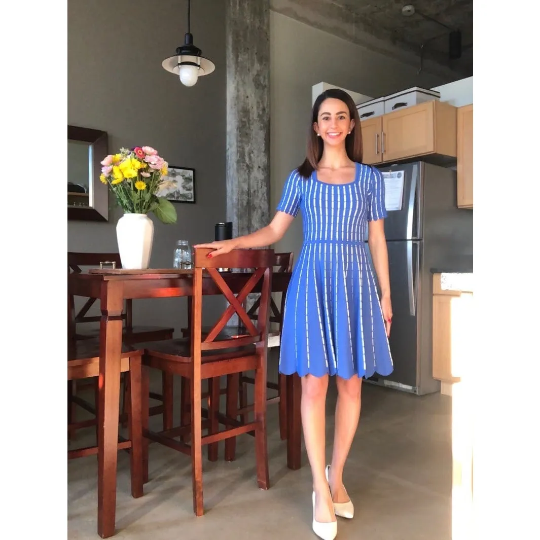 SHOSHANNA Blue White Striped Knit Hourglass Short Sleeve Arcadia Dress sz M - Image 14