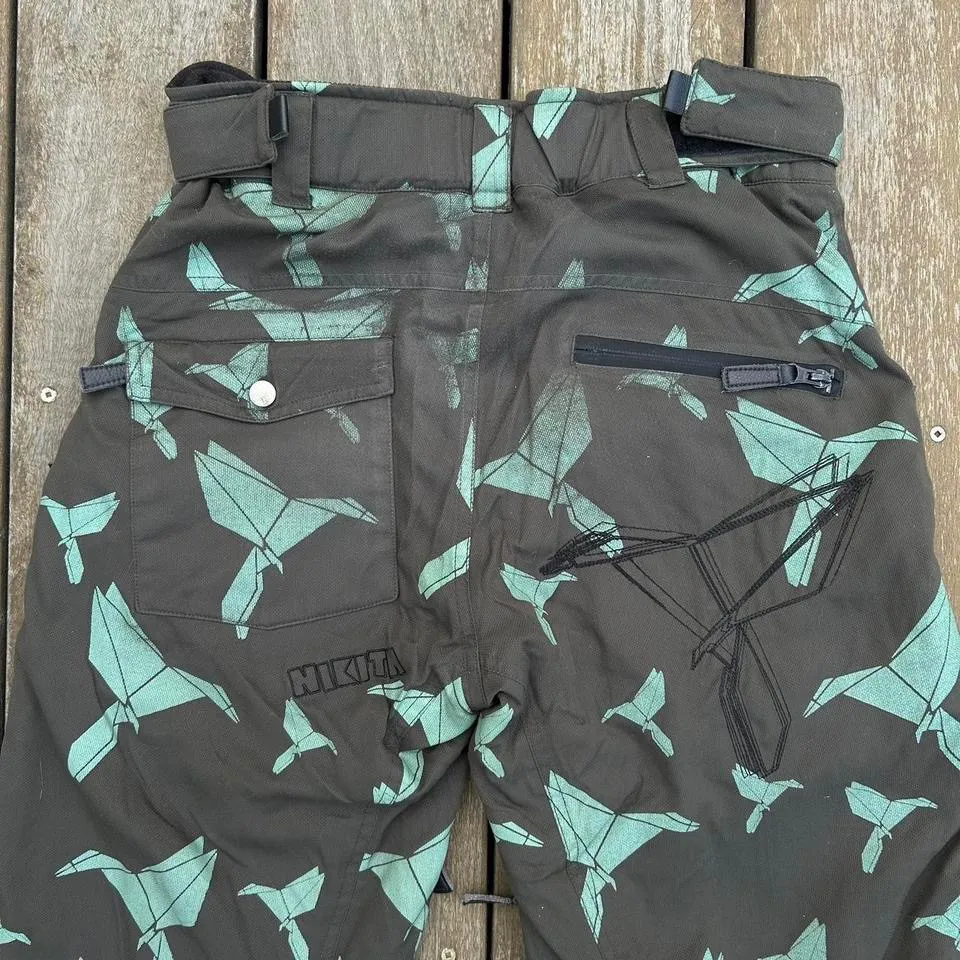 Y2K Grey Nikita Ski Pants Snow Pants w/ Blue Paper Cranes Graphics Gray - Image 6