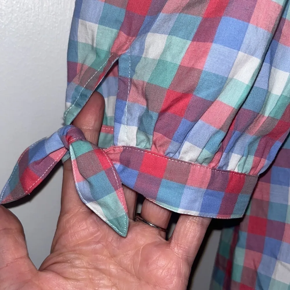 Kate Spade Madras Off Shoulder Top Blouse 3/4 Sleeve Pink Blue Gingham XXS - Image 4